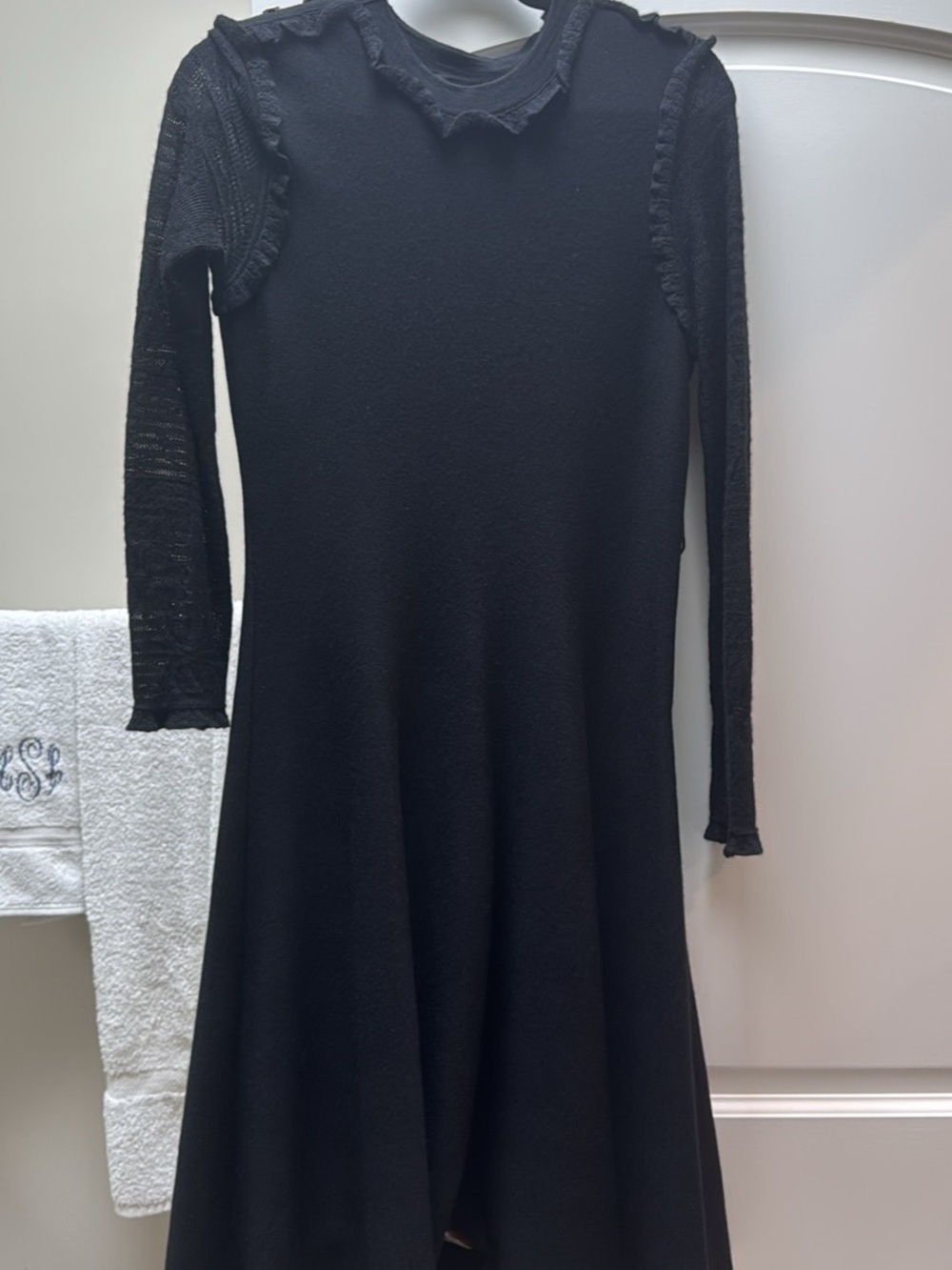 CHANEL Black Long Sleeve Ruffle-Trim Midi Dress
